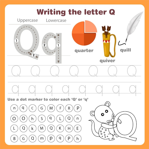 Illustrator of writing the letter q worksheet