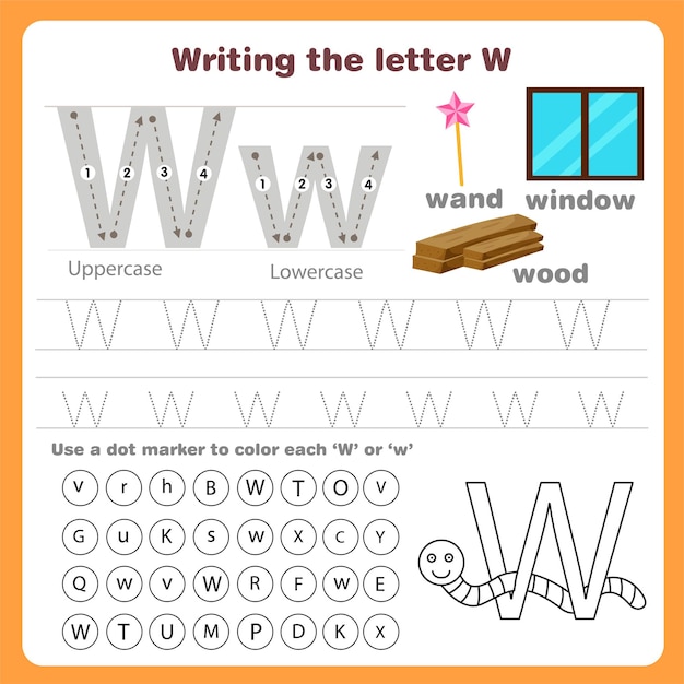 Illustrator of writing the letter w worksheet