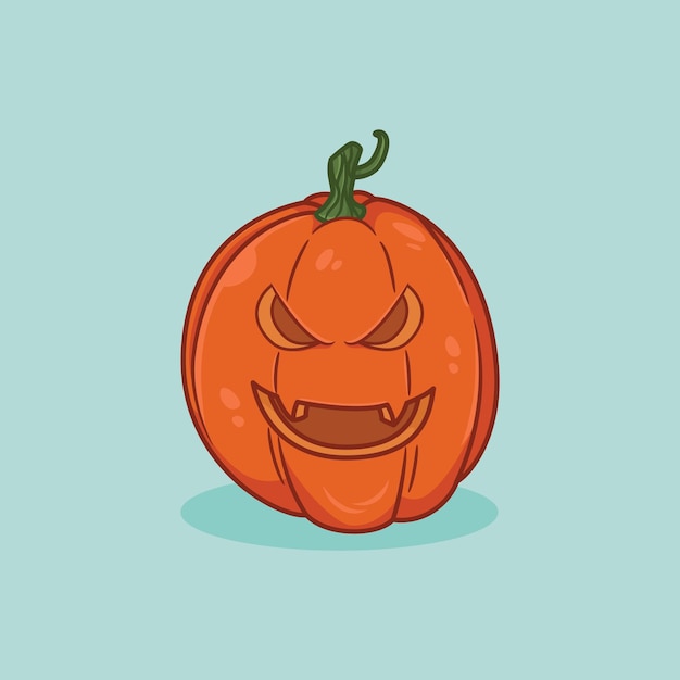 Ilustrasi lucu labu halloween dengan wajah senyum jahat ikon kartun