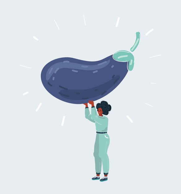 Ilustration of woman with Afro hair hold big eggplant