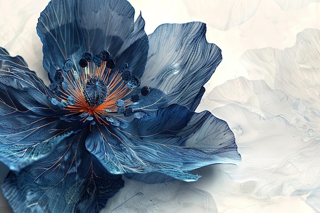 An image of a blue flower in the style of dark orange and light navy whimsical animation cranberryco