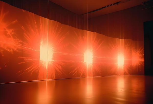 Vector image of a dark room with a large wall lit by orange light creating a sense of drama and intrigue the light creates a geometric pattern of lines and shapes adding to the abstract nature of the scene