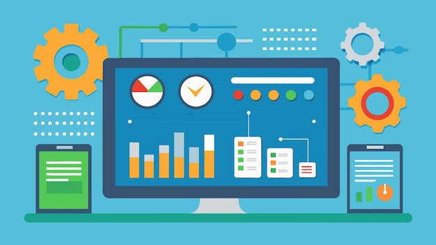 Vector an image of a dashboard displaying performance metrics and maintenance schedules for different