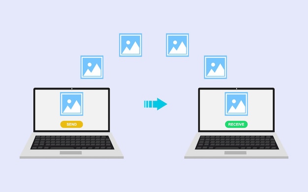 Image file transfer from one laptop to another via the internet Modern technology concept