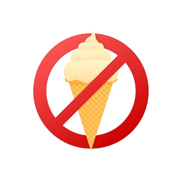 Image of ice cream cone, behind NO sign, on white background. Vector illustration.