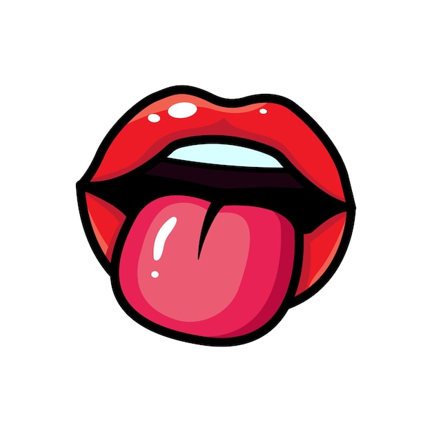 Image of red lips mouth with tongue pop art style Vector illustration isolated on white background