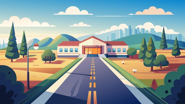 image of a road near a school in a childlike style on a white background with highlights vector