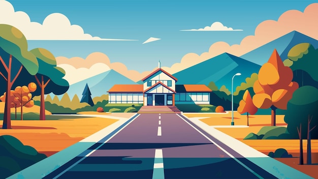 image of a road near a school in a childlike style on a white background with highlights vector