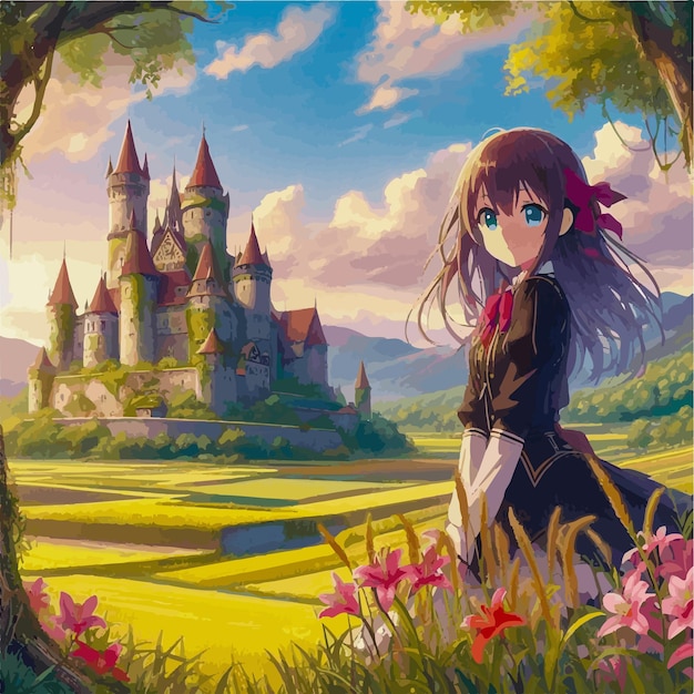 Image of a schoolgirl in uniform standing in front of a majestic castle