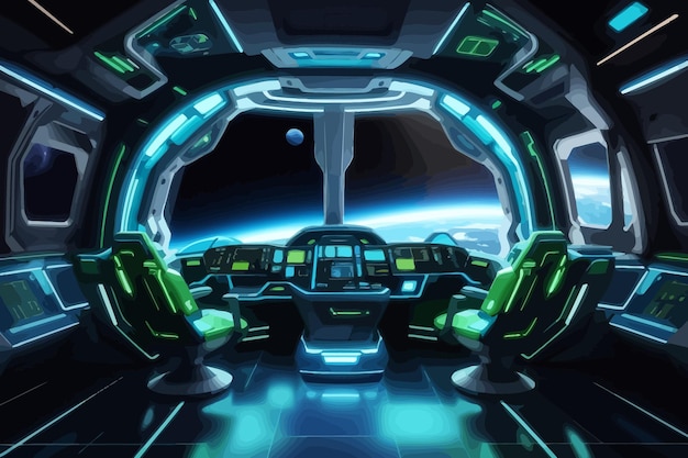 Vector image a spaceship interior with large windows showcasing the earth in space a scifi style design with blue and green neon accents on the instruments