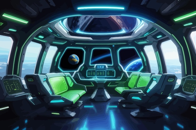 Vector image a spaceship interior with large windows showcasing the earth in space a scifi style design with blue and green neon accents on the instruments