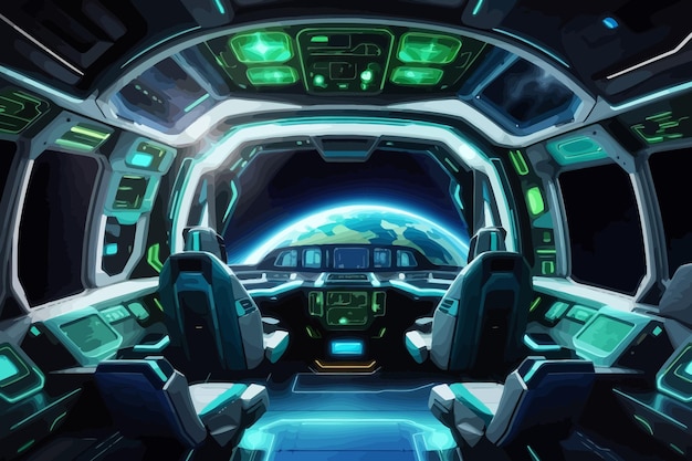 Vector image a spaceship interior with large windows showcasing the earth in space a scifi style design with blue and green neon accents on the instruments