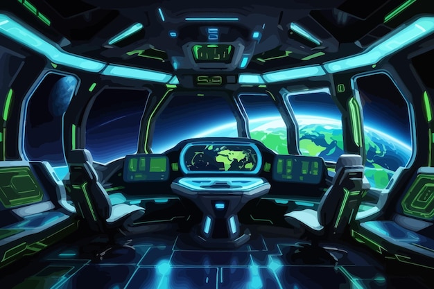 Vector image a spaceship interior with large windows showcasing the earth in space a scifi style design with blue and green neon accents on the instruments