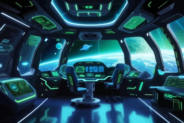 Vector image a spaceship interior with large windows showcasing the earth in space a scifi style design with blue and green neon accents on the instruments