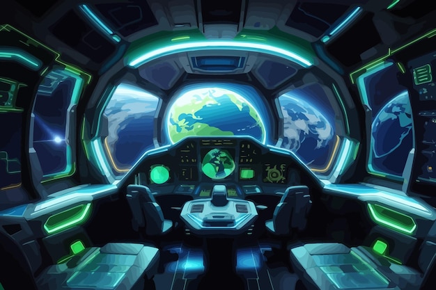 Vector image a spaceship interior with large windows showcasing the earth in space a scifi style design with blue and green neon accents on the instruments