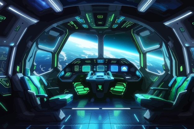 Vector image a spaceship interior with large windows showcasing the earth in space a scifi style design with blue and green neon accents on the instruments