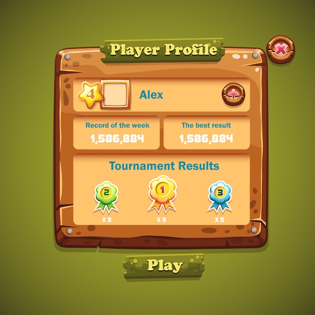 Image of wooden windows user interface. Player Profile