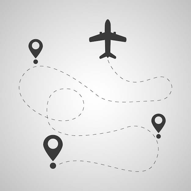 An imaginary flight path of an airplane with dotted lines and pins.