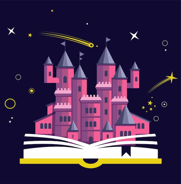 Imagination concept with opened book pink castle Fairy magical adventure boo