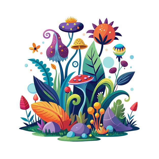 Vector imaginative plants flowers mushrooms beautiful scene vector illustration concept