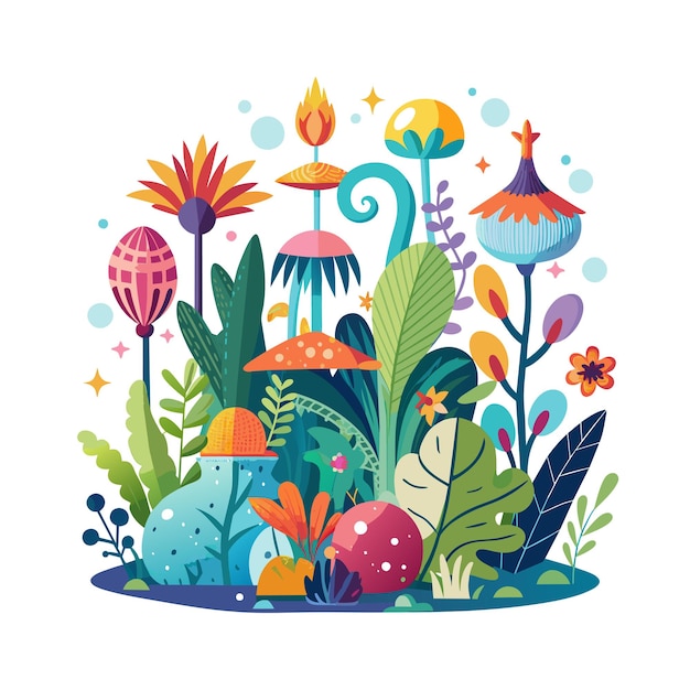 Vector imaginative plants flowers mushrooms beautiful scene vector illustration concept