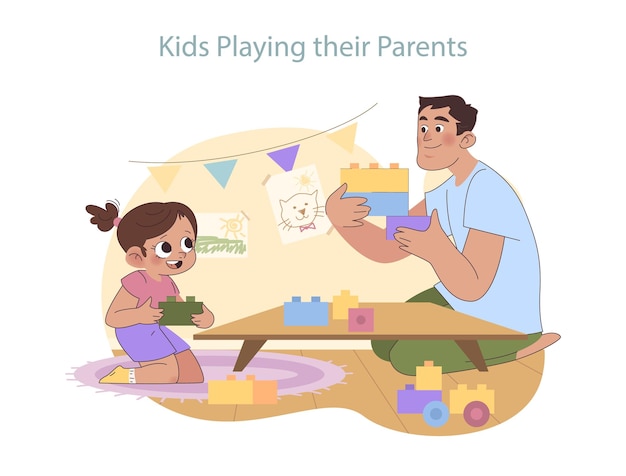 Vector imaginative playtime set a child mimics being a parent in a charming scene of building block fun