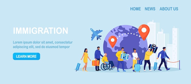 Immigration emigration people resettlement Immigrants standing in queue waiting departure in airport Foreign citizen moving to developed countries Population mobility human migration