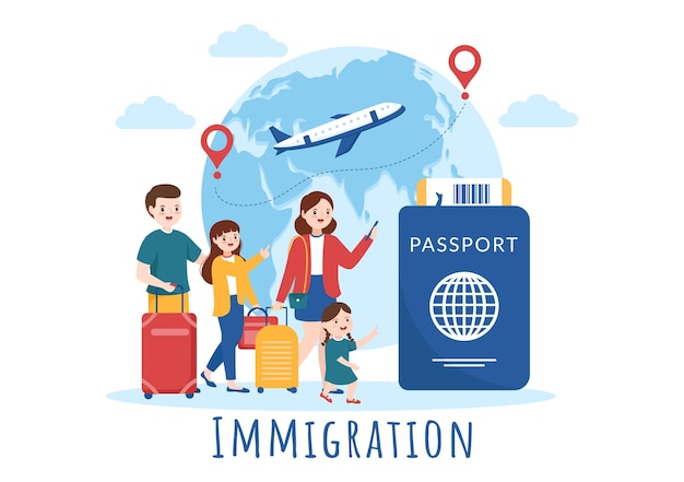 Vector immigration template hand drawn cartoon flat illustration of document with visa and passport