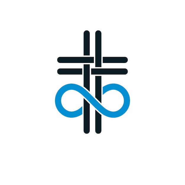 Immortal God conceptual symbol combined with infinity loop sign and Christian Cross, vector creative logo.