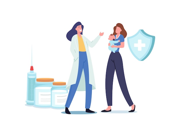 Immunity Health Care. Young Mother Bring Little Baby to Hospital for Vaccination and Immunization Procedure. Friendly Doctor Prepare Vaccine in Syringe for Shooting. Cartoon Vector Illustration