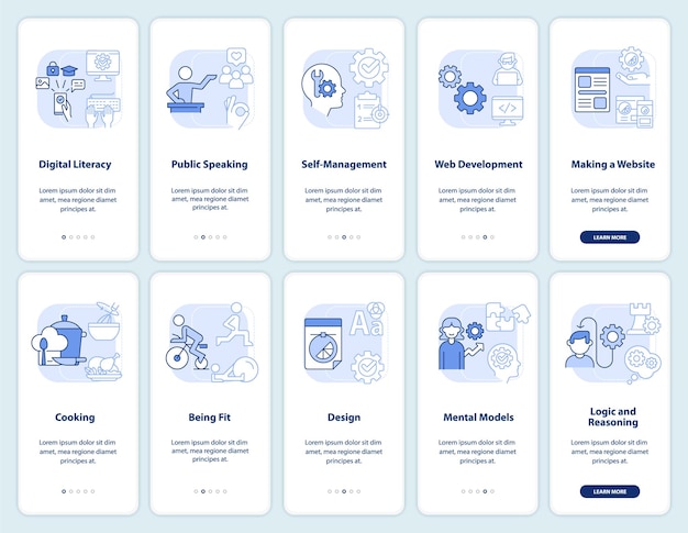 Important life skills light blue onboarding mobile app screen set