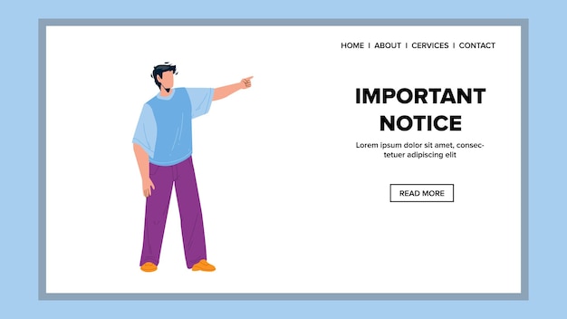 Important Notice Man Raising Forefinger Vector. Young Businessman Pointing On Important Notice. Character Manager Remind Information Or Event Announcement Web Flat Cartoon Illustration