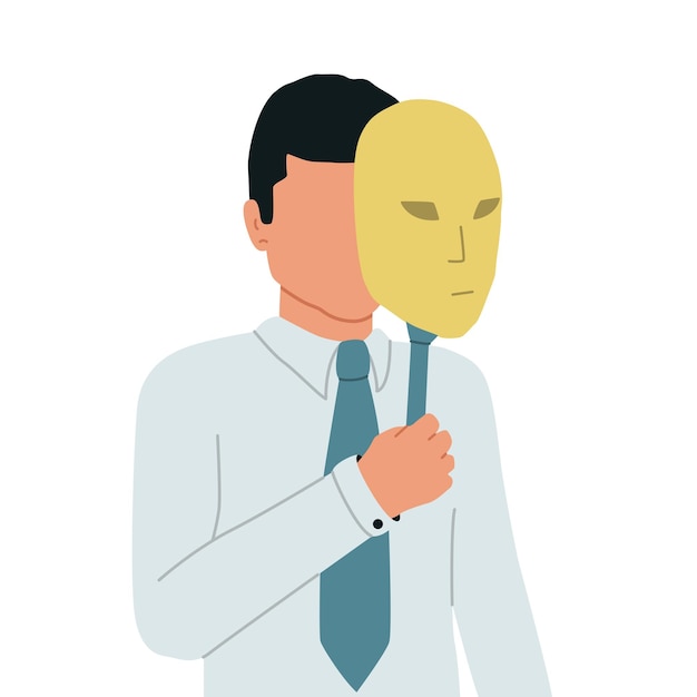 Vector imposter syndrome. the businessman hides his face behind a theatrical mask. the man hides his identity.   illustration.