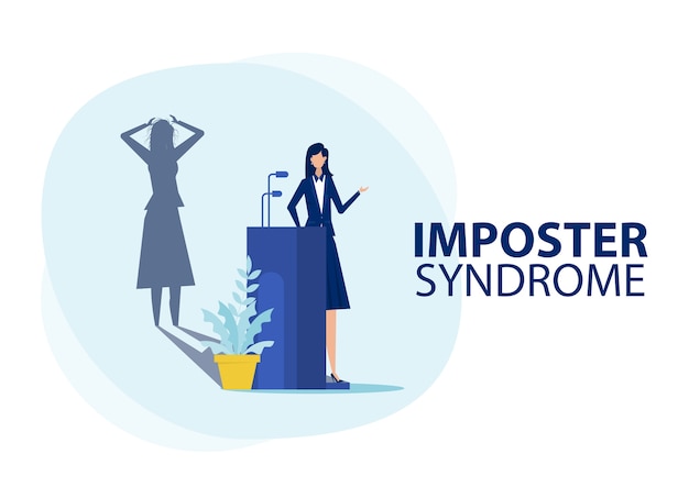 Imposter syndrome.woman standing for her present profile with fear shadow behind. Anxiety and lack of self confidence at work ,the person fakes is someone else concept