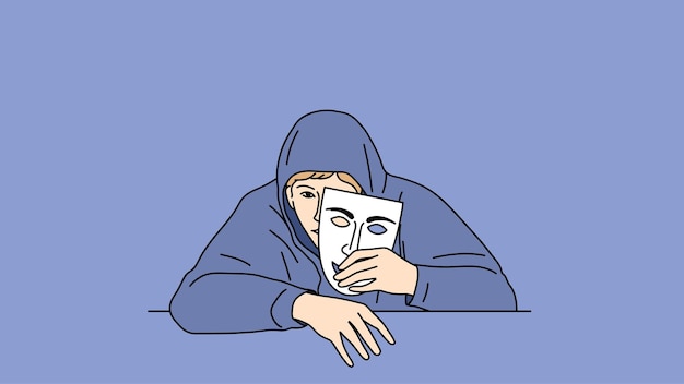 Vector impostor syndrome a mysterious young man holds a theatrical mask in his hand and looks from behind it vector illustration of a man who hides his identity