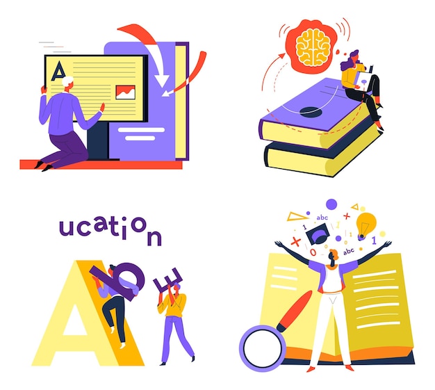 Improvement of skills and development, education and getting knowledge. Using books and publications, online resources and gadgets to complete homework and assignment from school. Vector in flat style