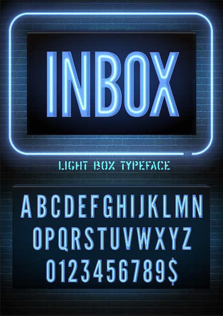 Inbox sign with blue neon box alphabet on dark brick wall background Night light box glowing effect narrow font with numbers Vector illustration