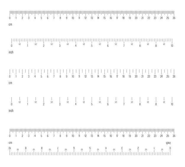 Vector inch and metric rulers. centimeters and inches measuring scale cm metrics indicator. ruler 10 inch and grid 26 cm. size indicator units. metric centimeter size indicators.