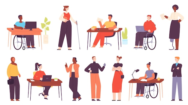 Inclusive multicultural office workers at workplace. Cartoon business people in wheelchair, disabled character at work. Diversity vector set. Employees having leg and arm prosthesis