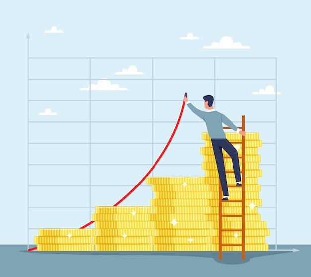 Income from investments Financial business Wealth management and investment plan success businessman investor climbing up ladder stacks of gold coins Vector isolated concept