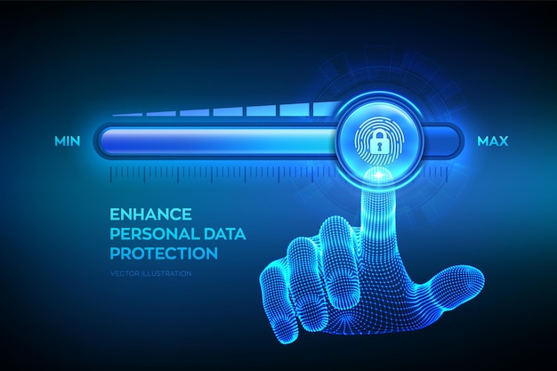 Increasing Privacy Security level. Enhance personal data protection level. Wireframe hand is pulling up to the maximum position progress bar with the fingerpring and lock icon. Vector illustration.