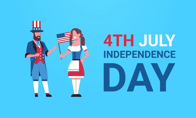 independence day 4th july couple man woman traditional clothes US flag celebrating cap