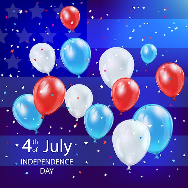 Independence day background with colorful balloons confetti and American flag illustration