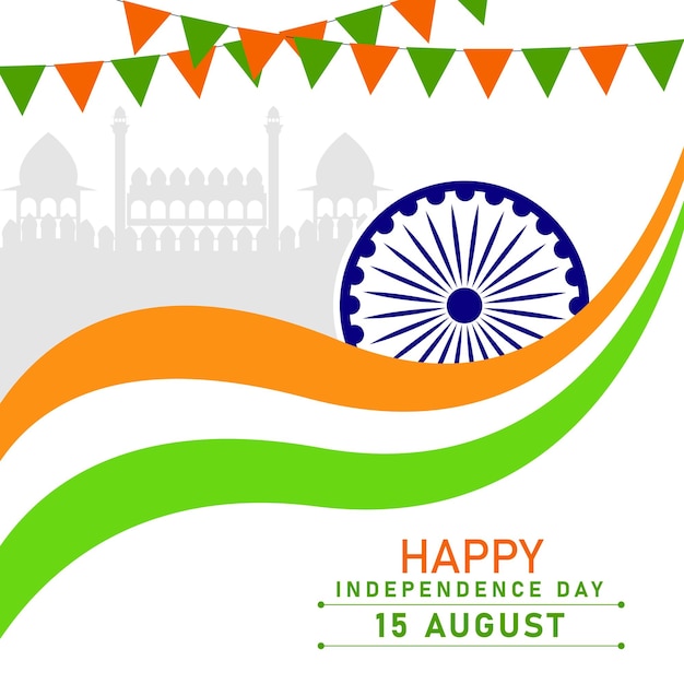 Independence Day India 15 August flat vector design Indian flag ashoka wheel and tricolor wavy