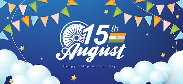 Independence day India celebration banner with star and cloud on the blue sky. 15th of August poster template.