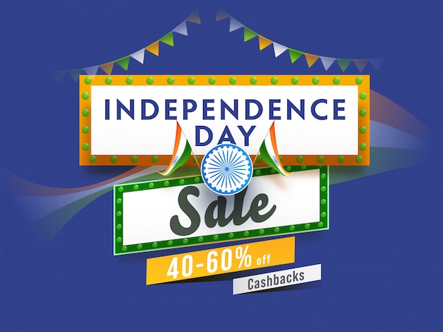 Independence Day Sale Poster   And Indian Flags On Blue Background.