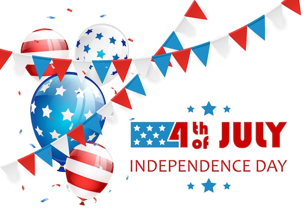 Independence day Theme Lettering 4th of July with balloons and pennants Independence day White background Illustration can be used for holiday design banners cards posters