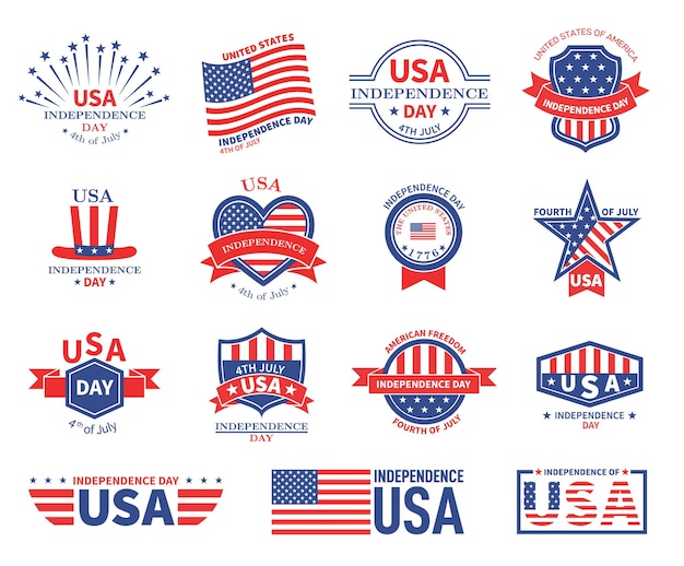 Independence day usa. American flag, patriots celebrate freedom. Patriotic celebration badges. United states 