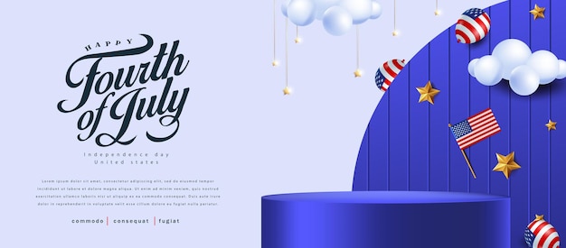 Independence day USA sale banner with product display cylindrical shape and american balloons