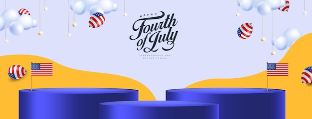 Independence day USA sale banner with product display cylindrical shape and american balloons